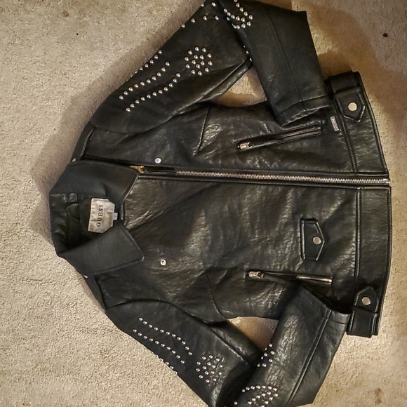 Guess Women's Black Studded Faux Leather Moto Jacket Sz M EUC - Picture 3 of 9
